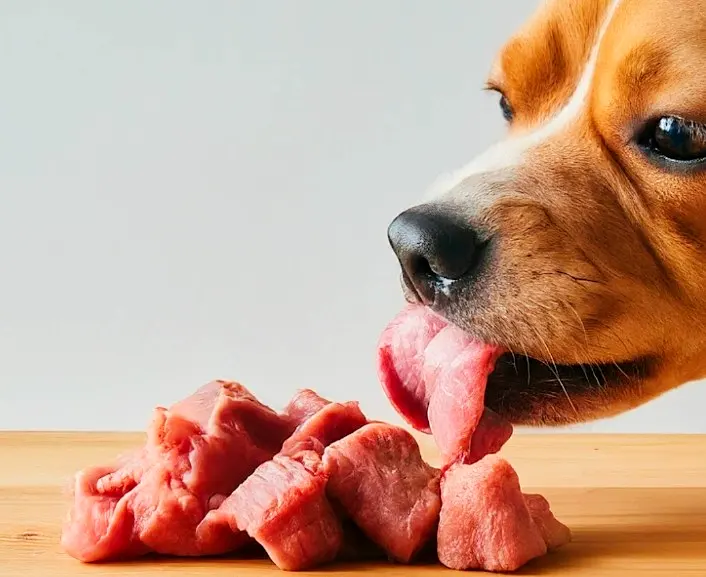 Dog licking raw food on counter