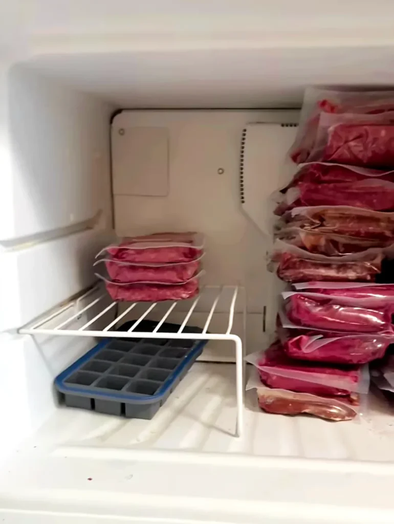 Raw dog food in pouches divided and off fridge