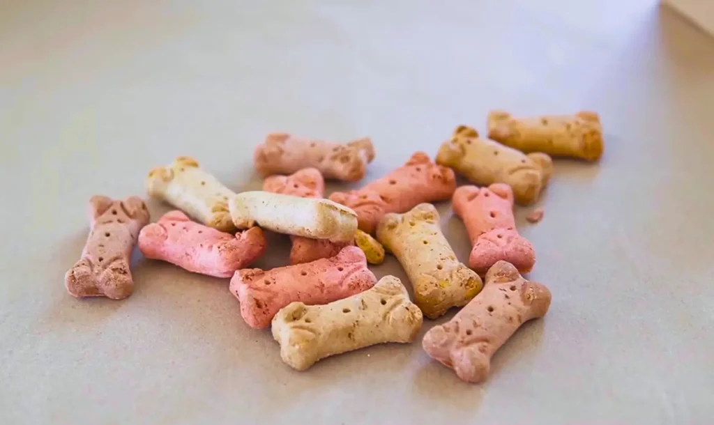 pile of dog treats shaped like bones with brown, white, and beige color