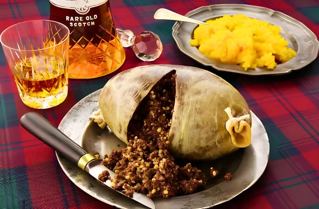 A plate of haggis, a traditional Scottish dish made with sheep's organs, oatmeal, and spices. It is surrounded by neeps (turnips) and tatties (mashed potatoes).