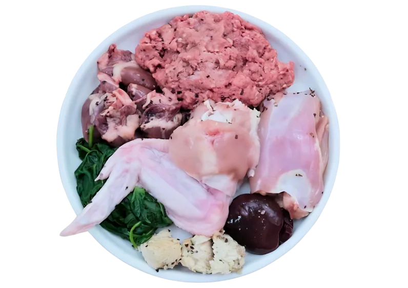 Image containing complete raw dog food. 