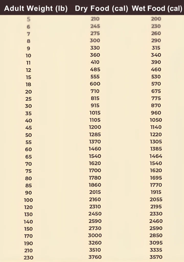 a table that shows the weight of dog and calories of wet and dry foods
