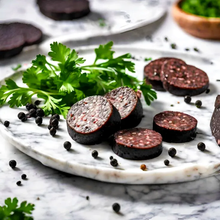 black pudding made with blood, oats, spices, & herbs for British breakfast menu.