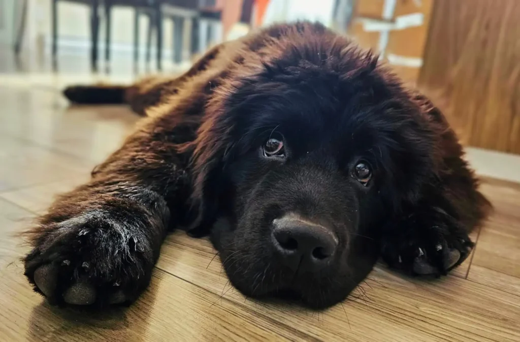 A black Newfoundland puppy lying on a wooden floor because of illness.