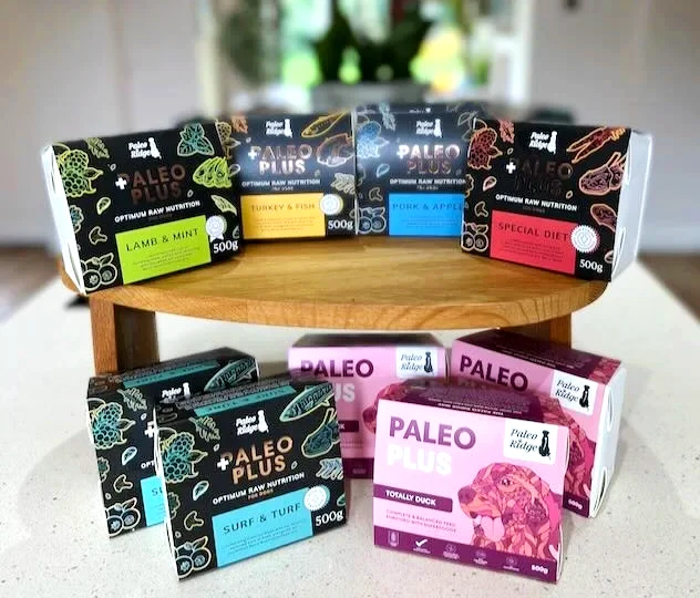Boxes of Paleo Ridge raw dog food 