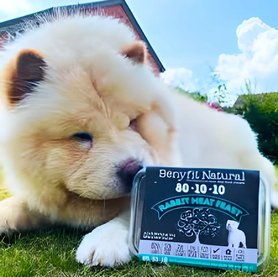 a dog laying on the grass next to a box of Venison meat feast by Benyfit Natural