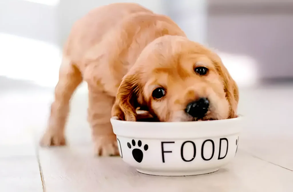 a puppy eating food out of a bowl