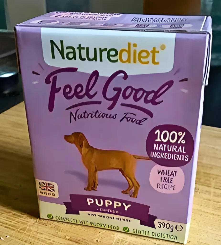 box of Naturediet Feel Good chicken with rice puppy wet food