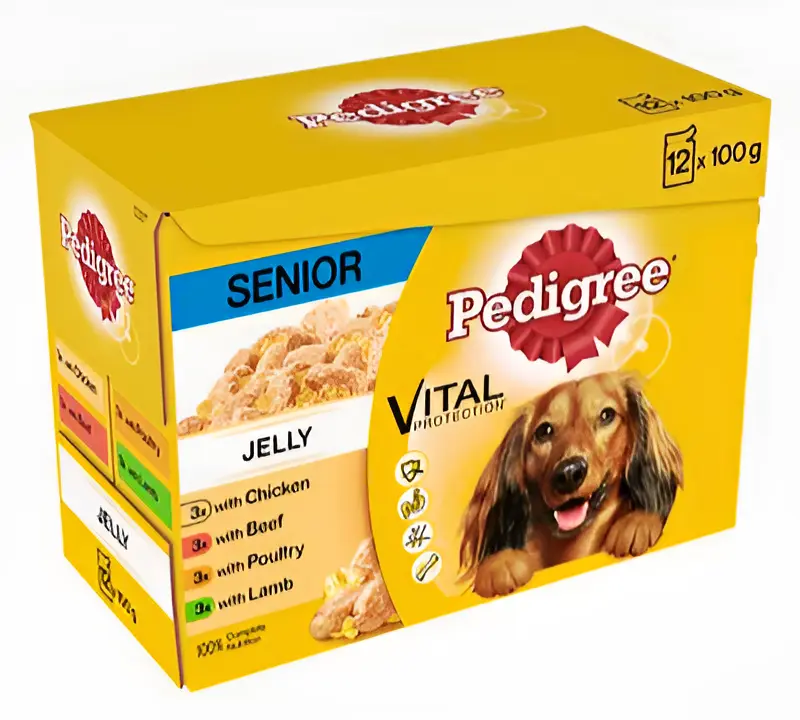 Box of Pedigree senior wet dog food in jelly
